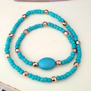 Turquoise Rose Gold Beaded Bracelet and Anklet Hand Crafted